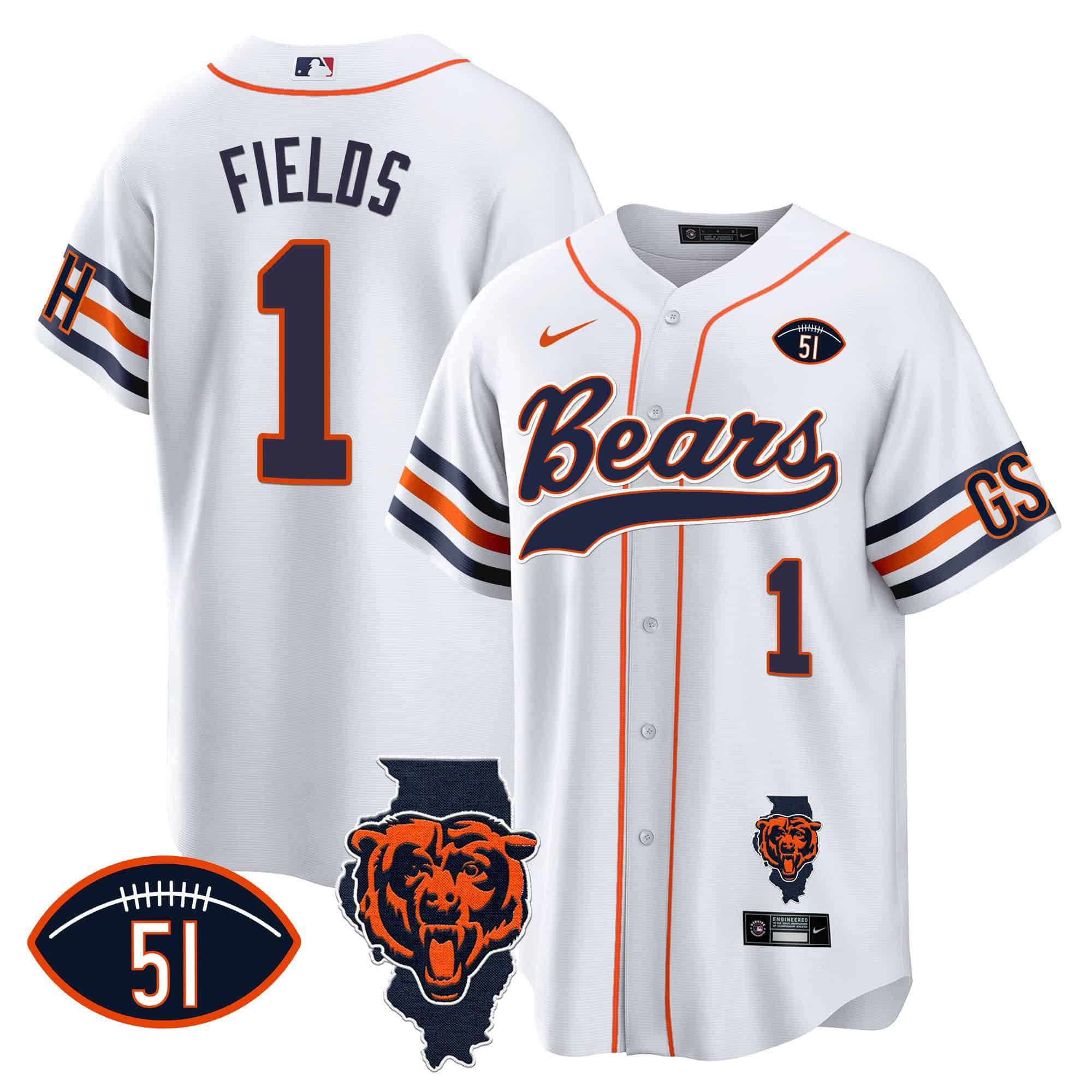 Men Chicago Bears 1 Fields White 2024 Nike Patch Baseball NFL Jersey